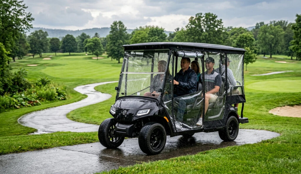 A black 4-passenger golf cart equipped with a high-clarity waterproof enclosure driving through a rainy golf course, showcasing weather protection and passenger comfort.