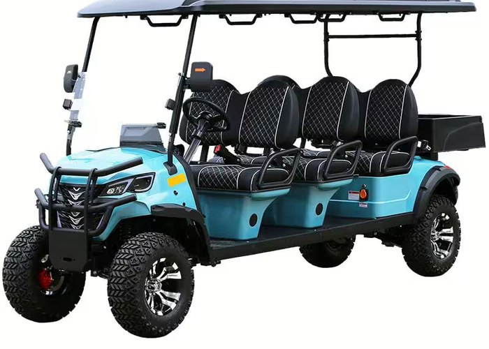 technician inspecting battery and connector area on a water-exposed golf cart
