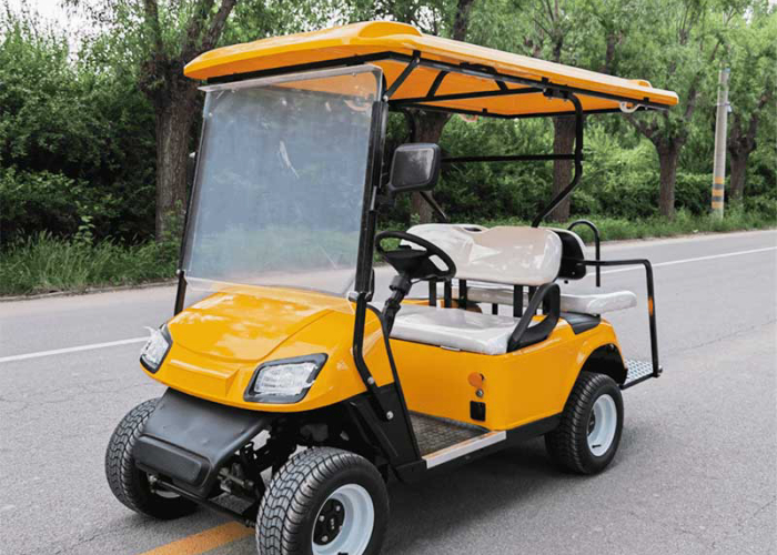 electric golf cart parked after a downhill route test and charging review
