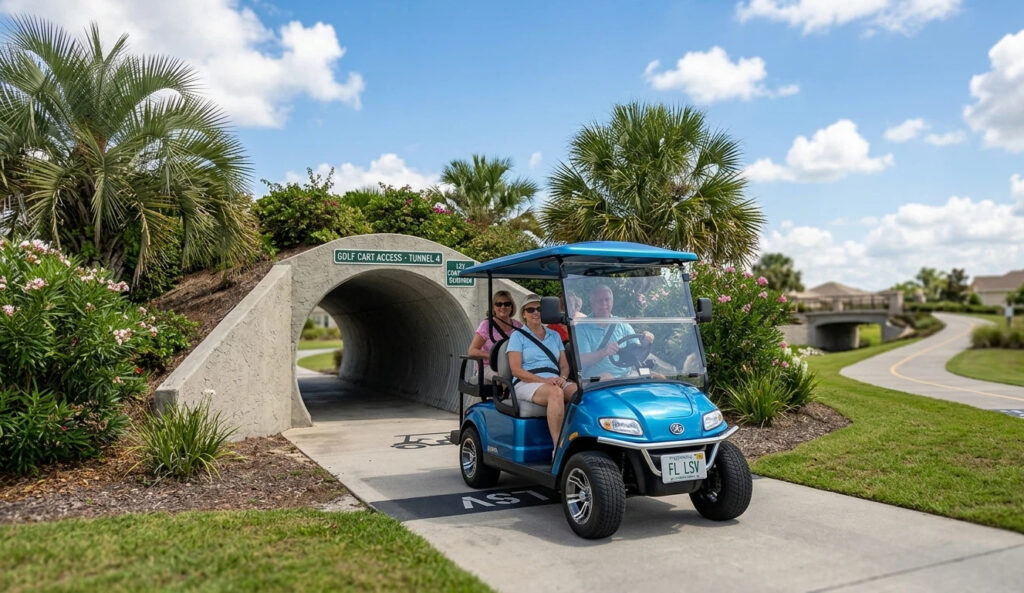 treet-legal LSV with Florida license plate exiting a golf cart tunnel in The Villages, showing compliance with Florida LSV insurance requirements.