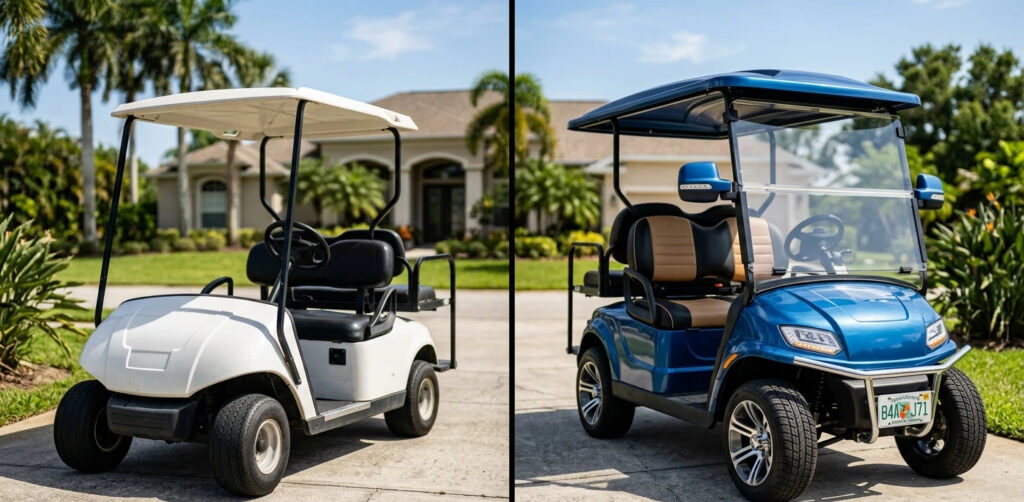 A side-by-side comparison of a standard white golf cart and a street-legal metallic blue LSV in a Florida driveway. The LSV on the right features mandatory safety equipment including LED turn signals, automotive-style side mirrors, and a visible state license plate, while the cart on the left lacks street-legal hardware.