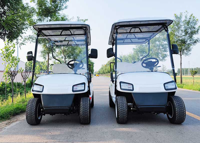 electric golf cart parked after route completion and charging schedule inspection