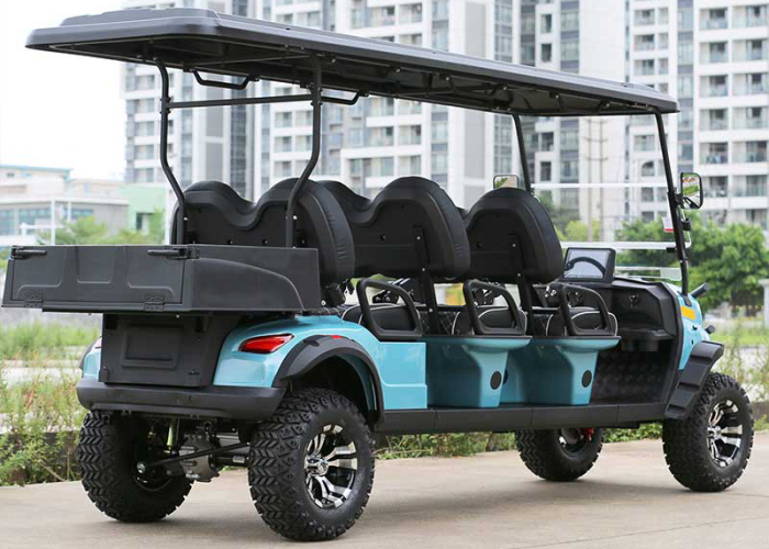 electric golf cart staged near a night shuttle route and charging return point
